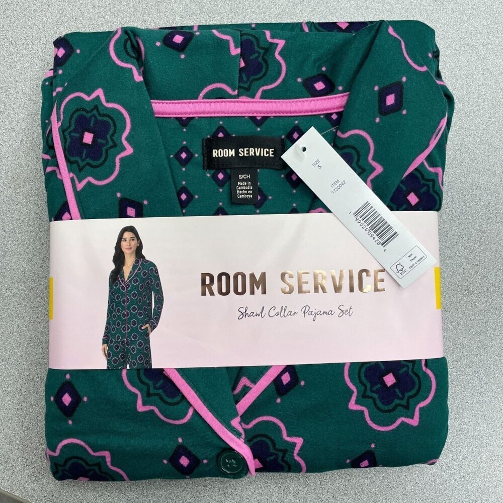 Room Service Womens Shawl Collar Pajama Set Women's S Green Pink Floral M0285 - Picture 3 of 6